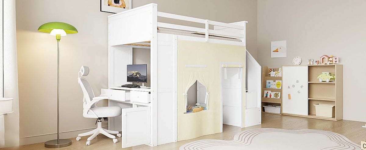 Twin Size Loft Bed with Desk - White MDF, Pine