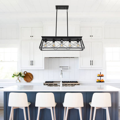 Black Industrial Pendant Chandelier - 5 Lights Adjustable