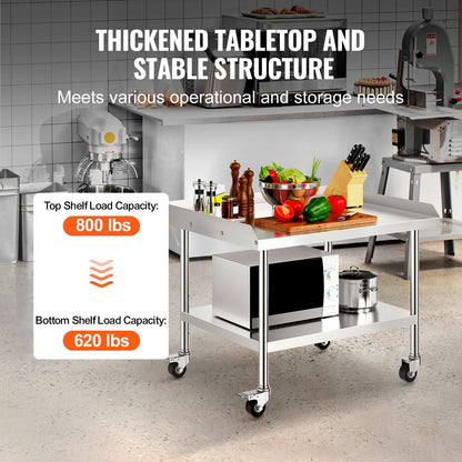 30 x 36 Stainless Steel Work Table - 3 Shelves, Wheels, Silver for Living Room