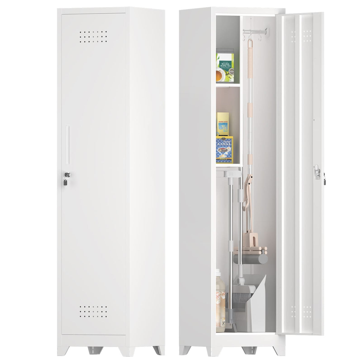 White Broom Storage Cabinet - 65" Kitchen Utility Cabinet with Shelves