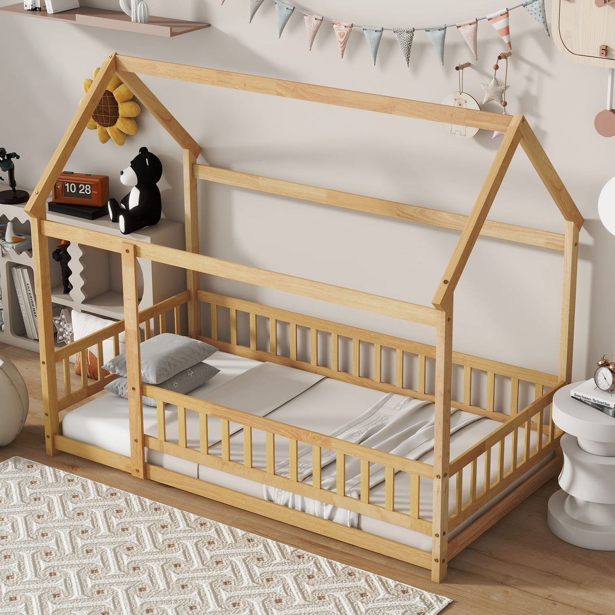 Twin Size Rubber Wood House Bed with Roof Frame