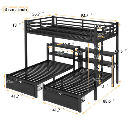Triple Bunk Bed with Drawers - Black Metal Frame for Bedroom