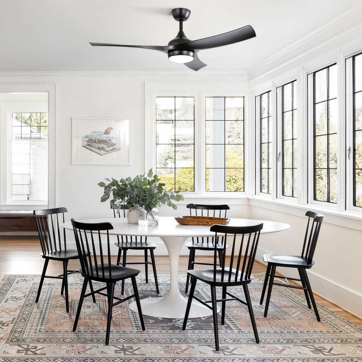 52 Inch Matte Black Ceiling Fan with Remote Control and Dimmable Light