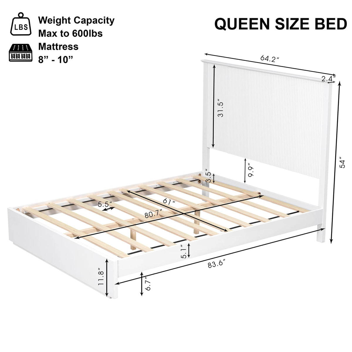 White Solid Wood Queen Bed Frame - Comfortable & Durable for Bedroom