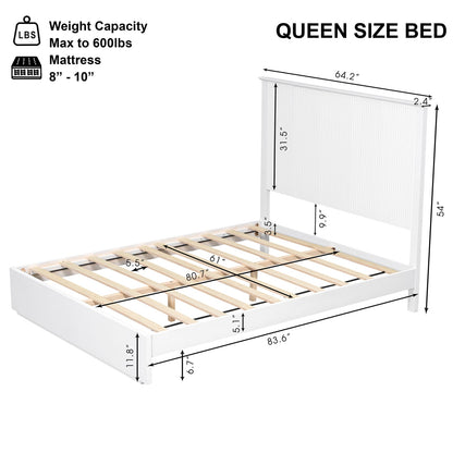 White Solid Wood Queen Bed Frame - Comfortable & Durable for Bedroom