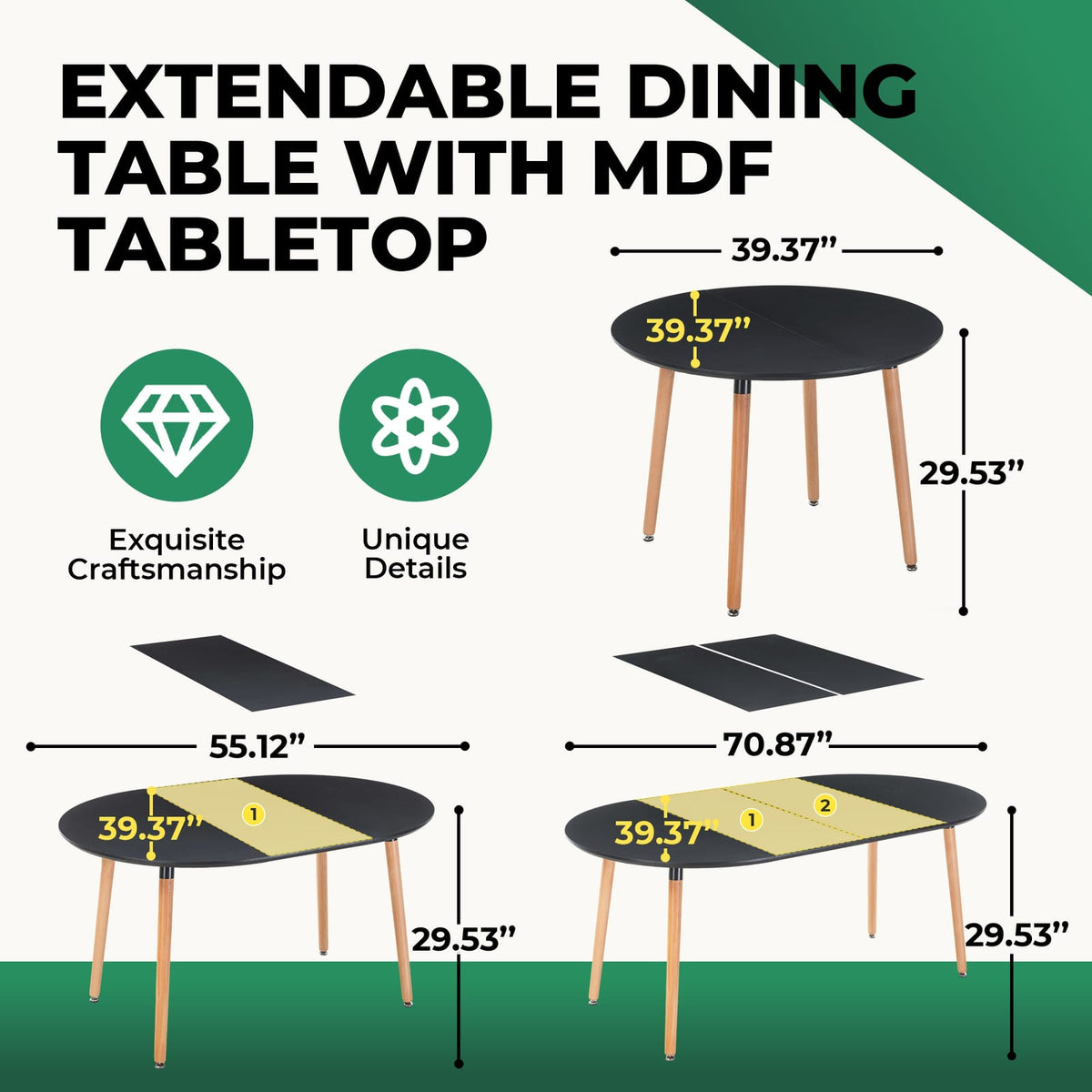 Black MDF Extendable Dining Table 100-180cm
