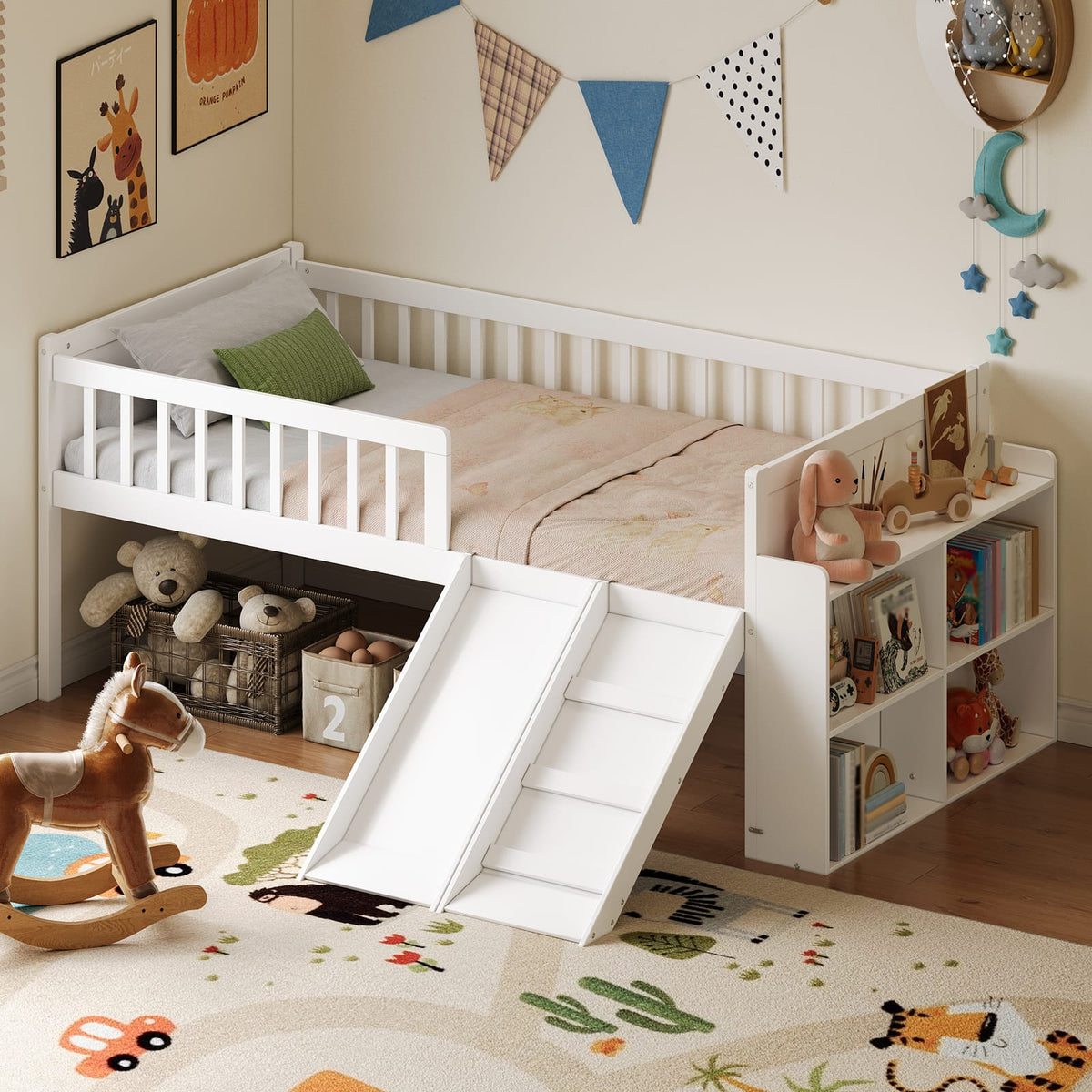 Twin Bed Frame with Storage Shelf - White Wooden Platform Bed