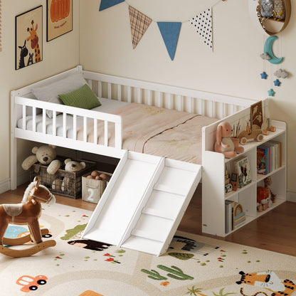Twin Bed Frame with Storage Shelf - White Wooden Platform Bed