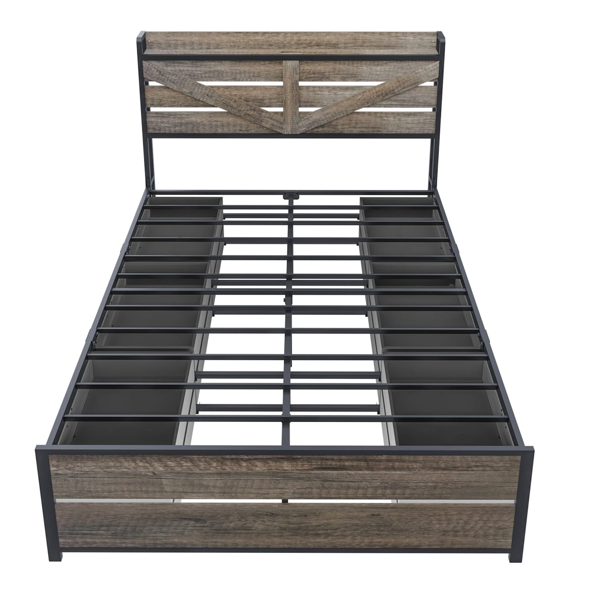Queen Bed Frame with Storage Headboard - Metal & Oak