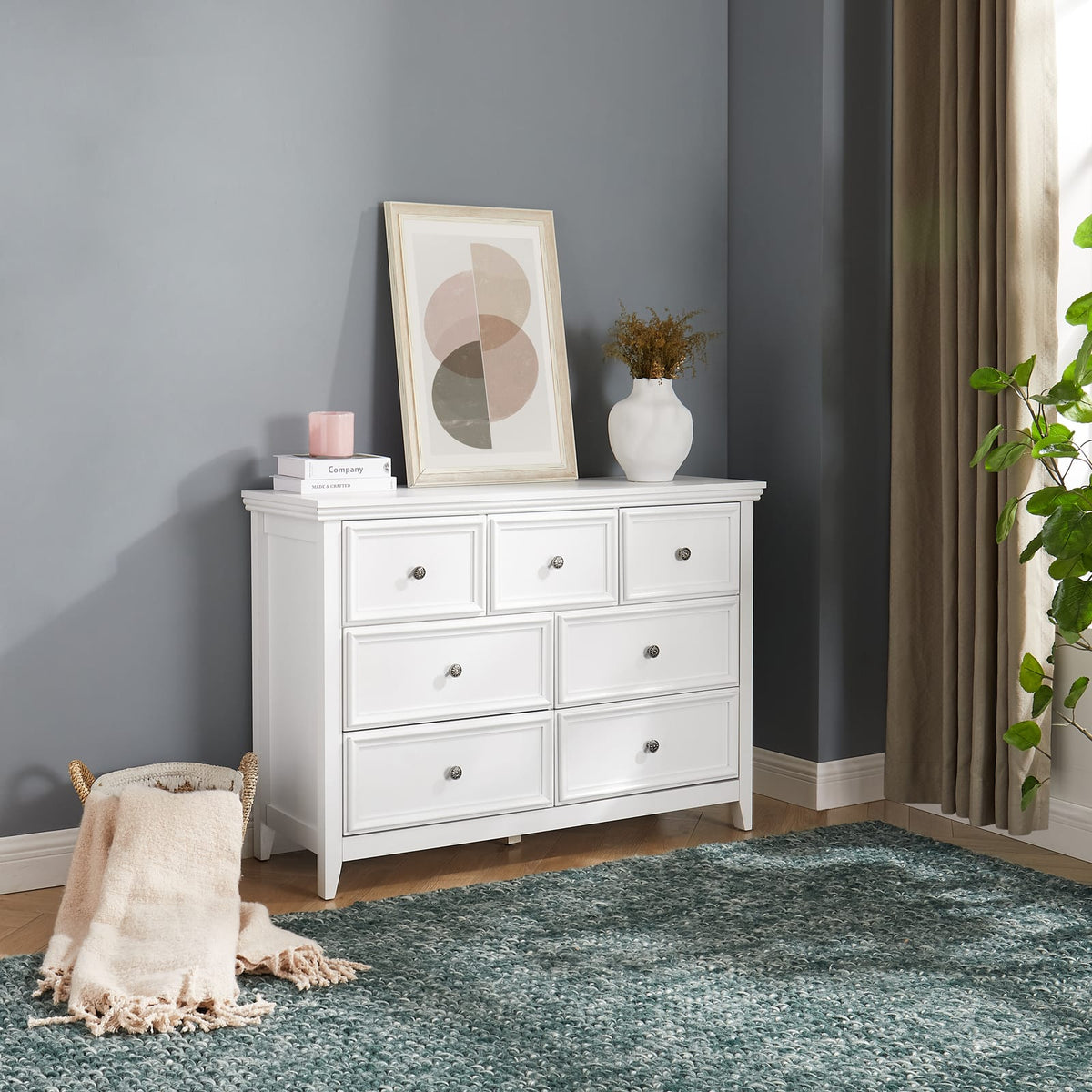 7 Drawer White MDF Dresser - Living Room Storage Cabinet