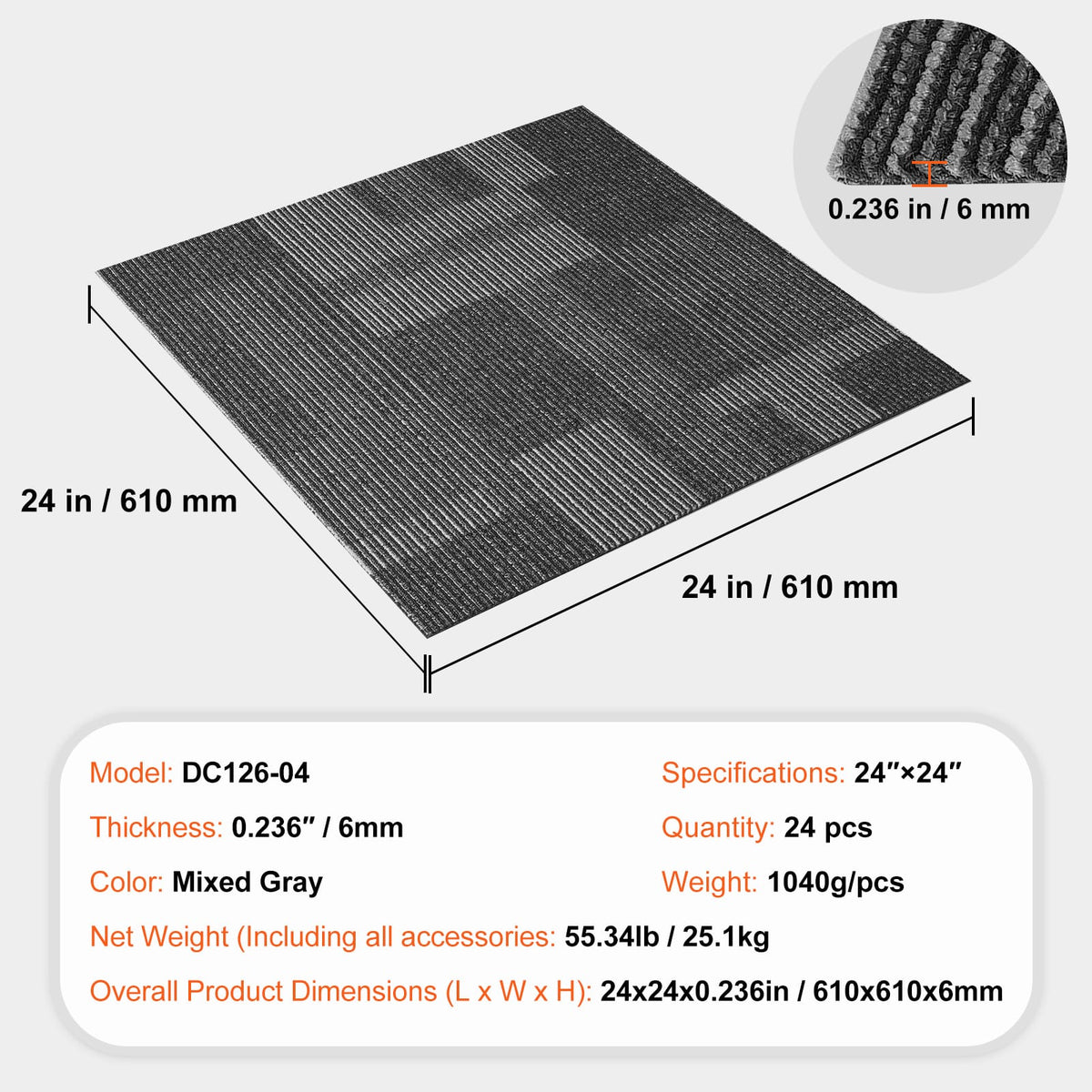 24"x24" Gray Polyester Carpet Tiles - 24 Squares