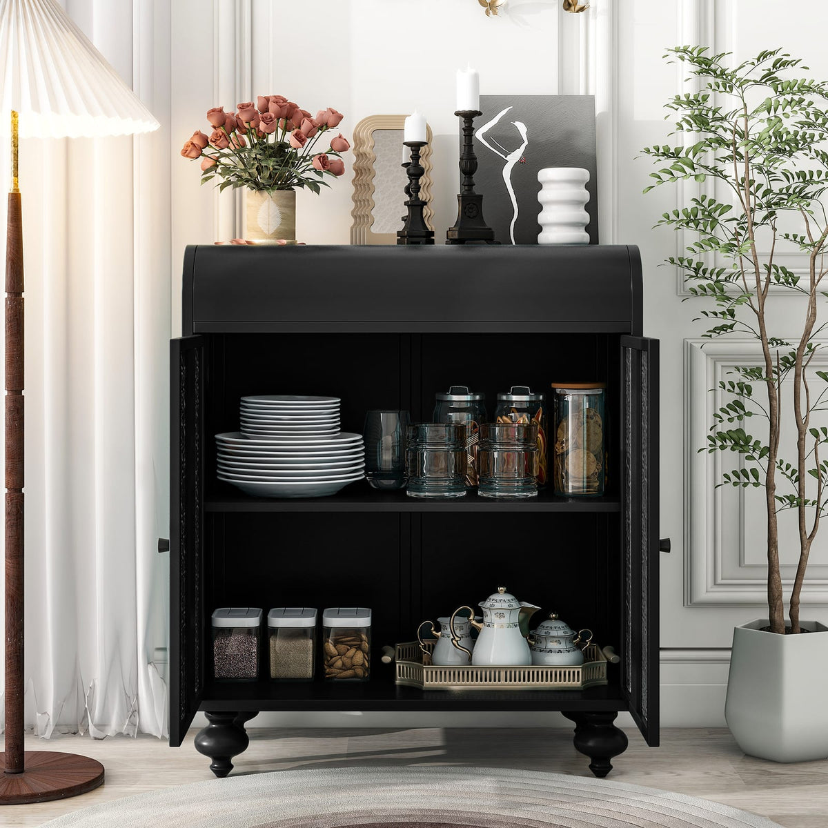 Antique Black Steel Sideboard Buffet Cabinet with Shelves