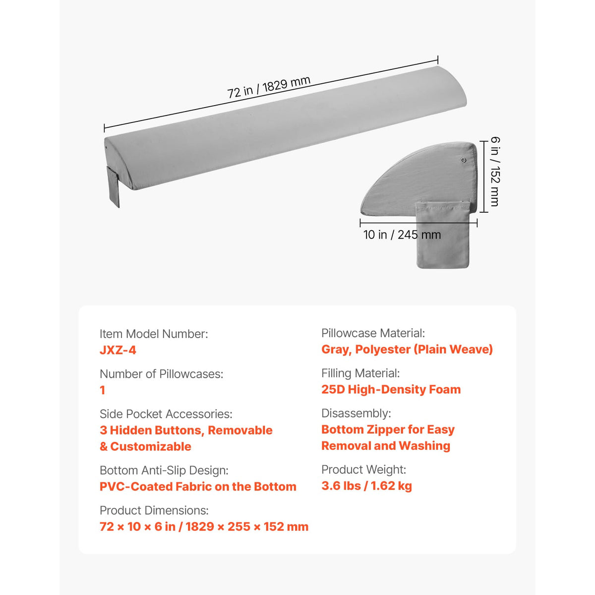 Bed Gap Filler - 72" Gray PVC Wedge Pillow for Headboard Gaps