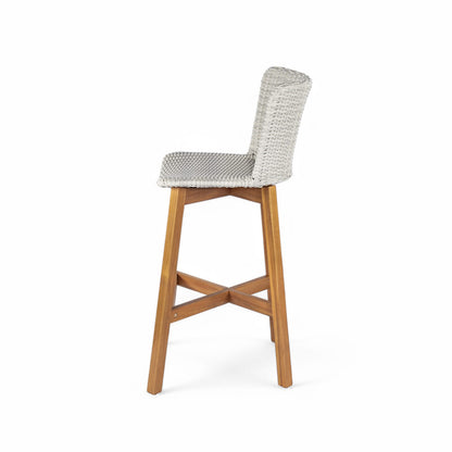 Lymington Outdoor Bar Stools - Teak & Light Grey Wicker, Set of 2