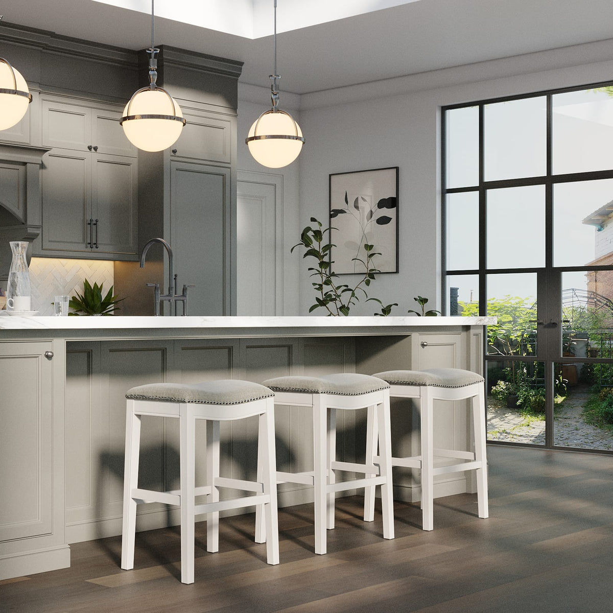31" Bar Height Stool - White Wood & Gray Fabric for Bedroom