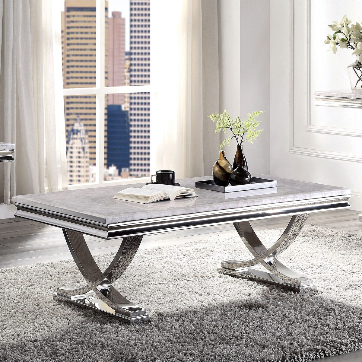 Modern Glam Coffee Table - Chrome, Faux Marble Top
