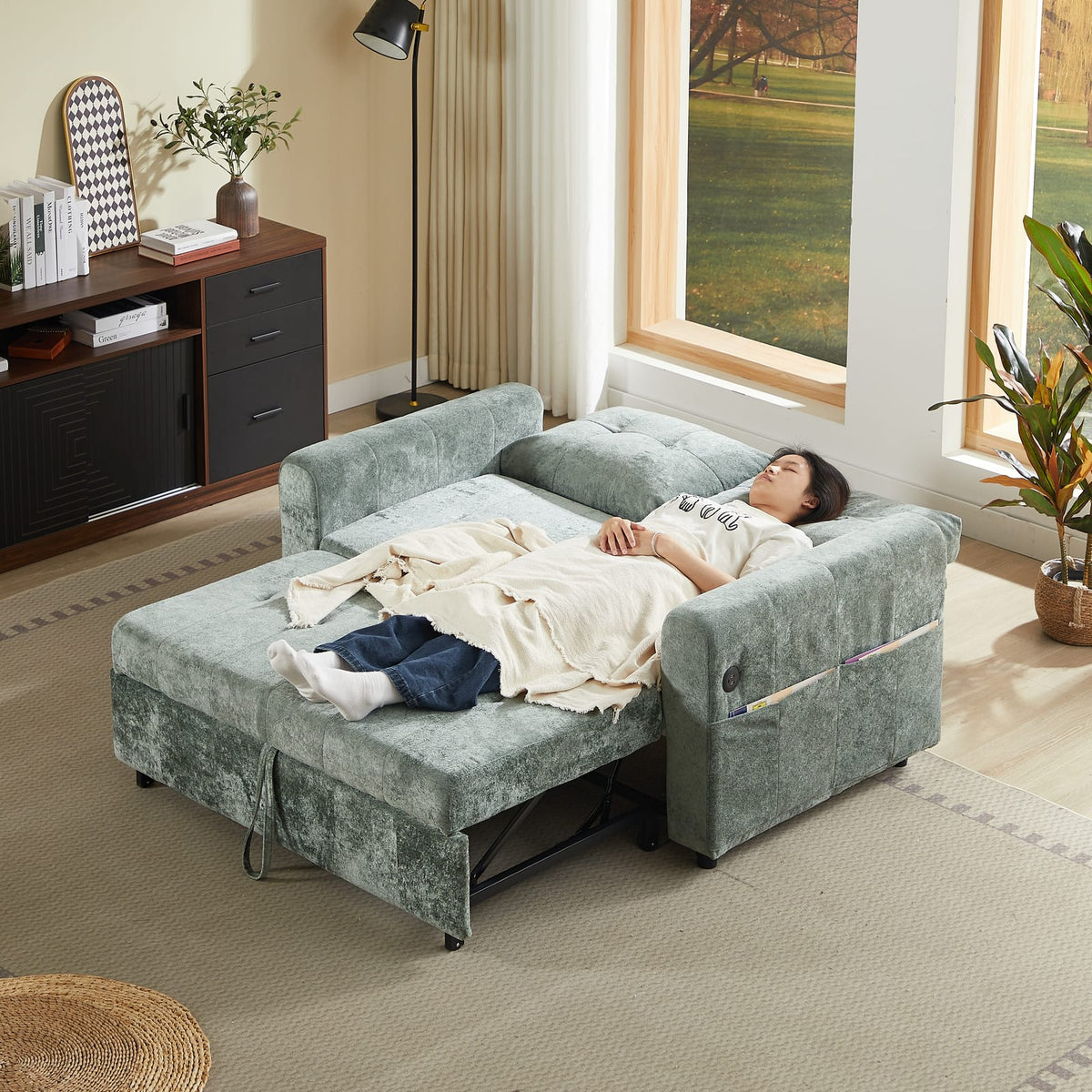 Antique Green Velvet Loveseat Sofa Bed 58" Sleeper for Small Spaces & Guest Rooms