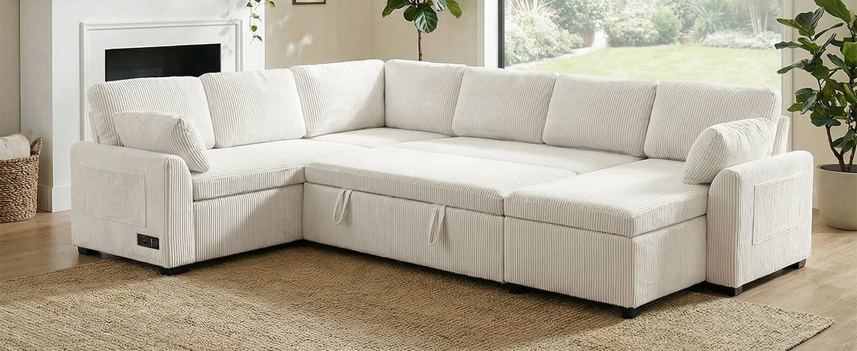 Convertible Sectional Sofa - 5 Seat Beige Corduroy for Living Room