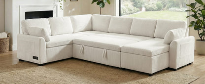 Convertible Sectional Sofa - 5 Seat Beige Corduroy for Living Room