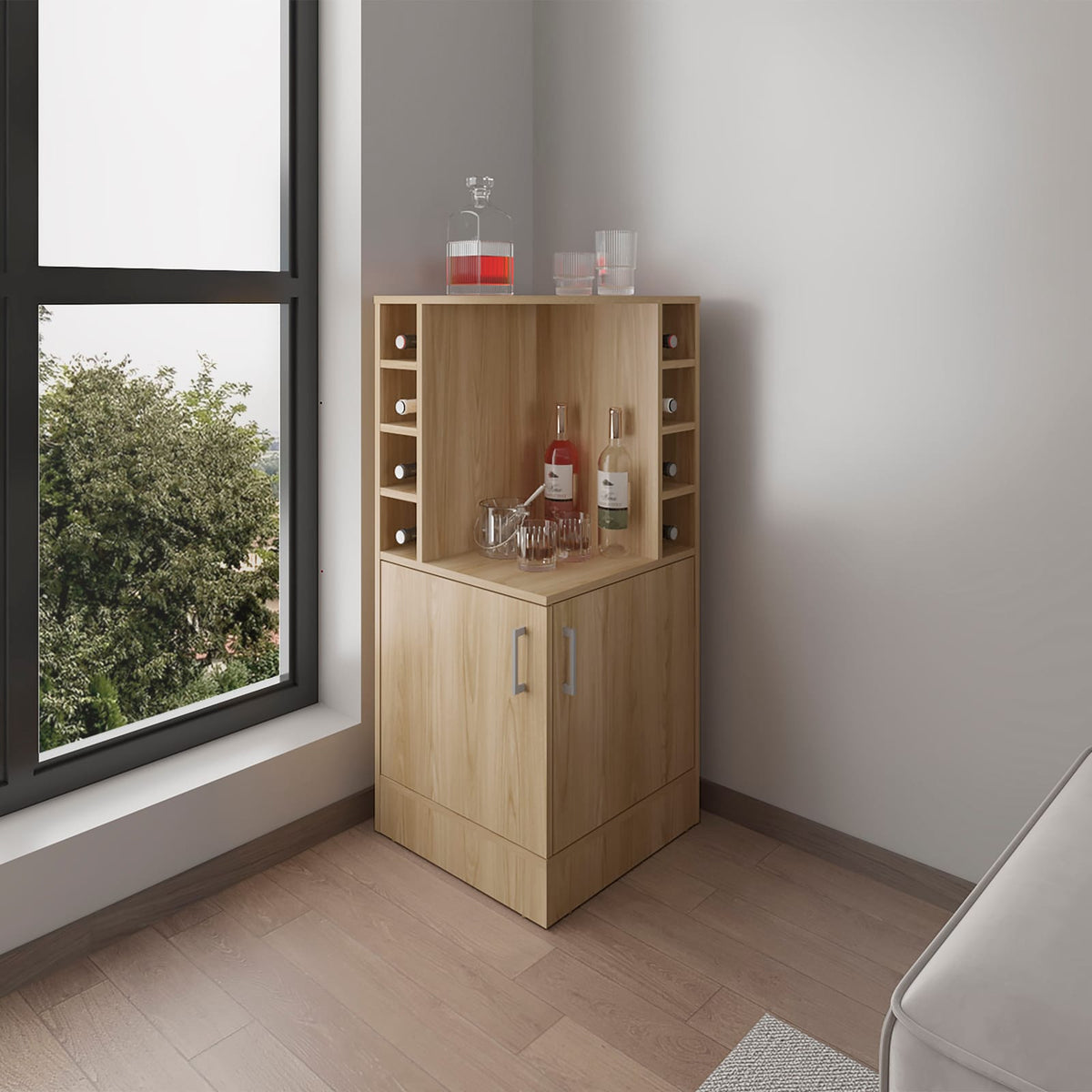 Bar Cabinet with 2 Doors & Wine Storage - Natural Wood for Living Room