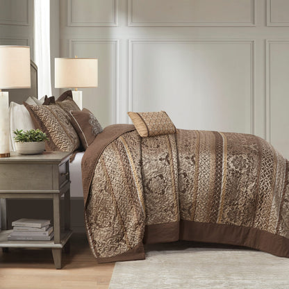5 Piece Reversible Jacquard Bedspread Set - King Size, Brown & Gold