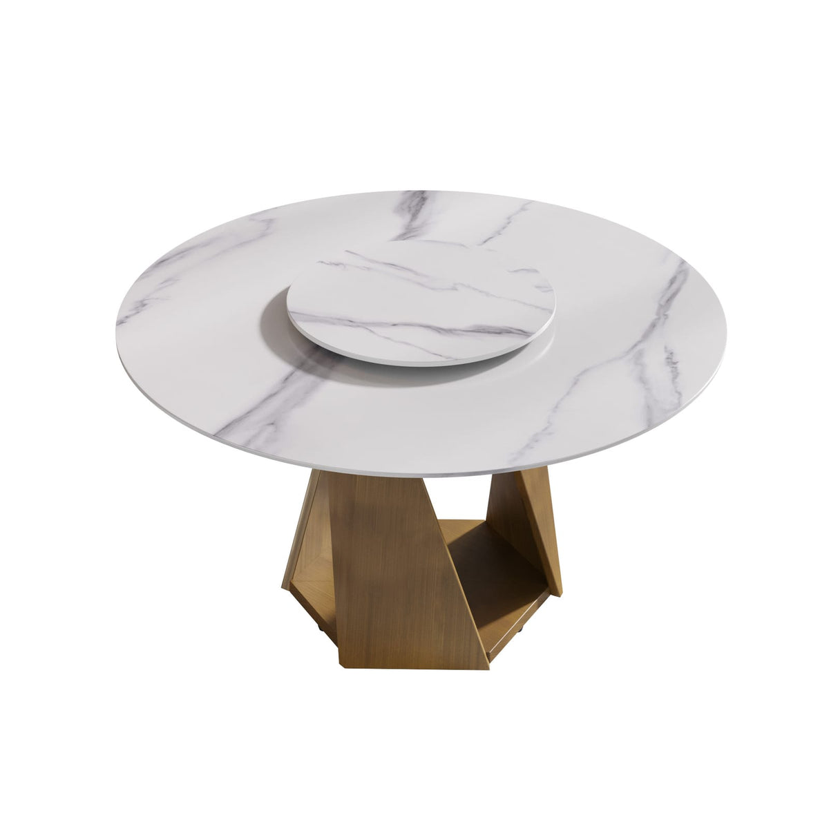 53" Round Marble Dining Table - Bronze Iron Base, White Stone
