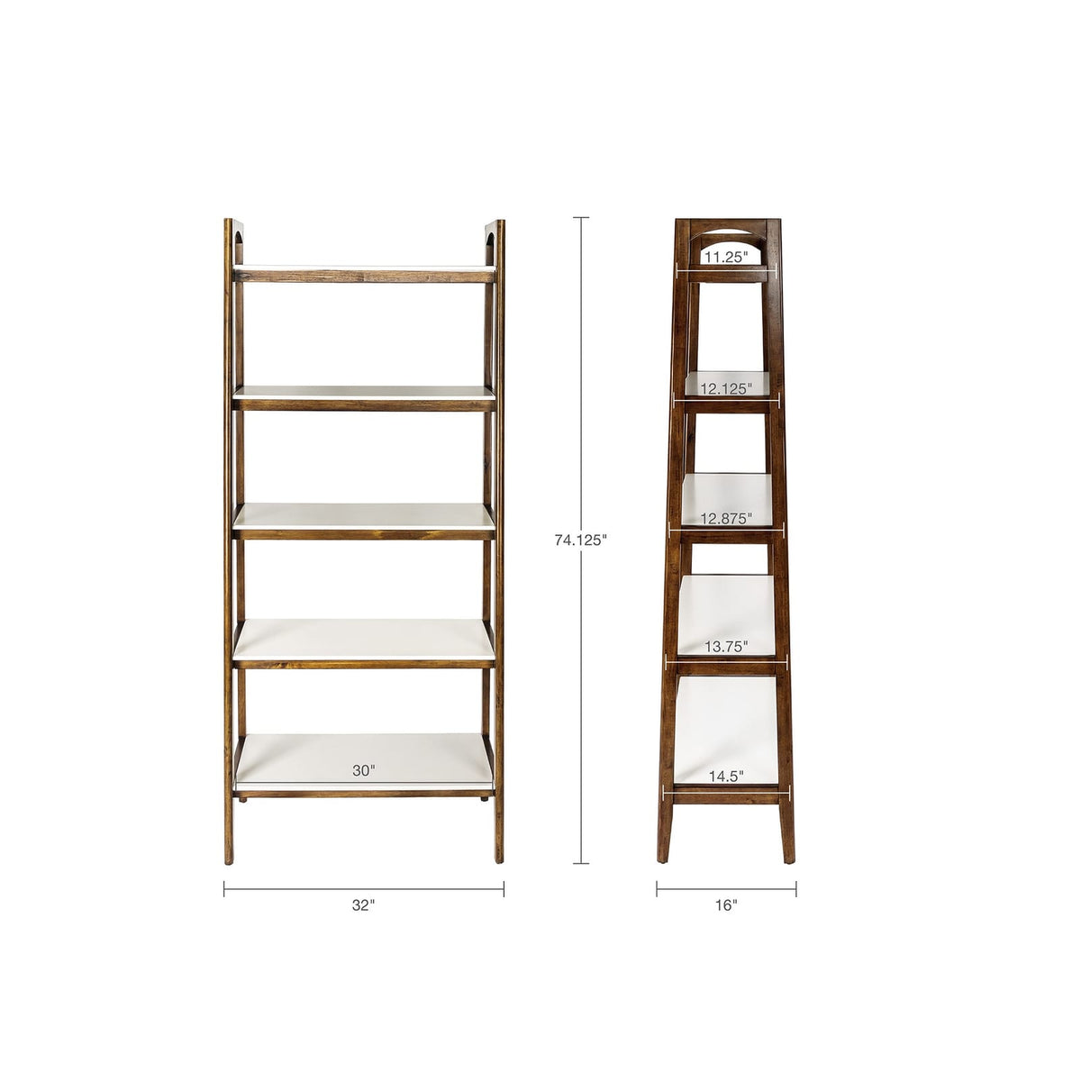 Off-White+Pecan 5-Shelf Bookcase - Mid-Century Style