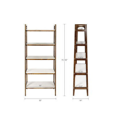 Off-White+Pecan 5-Shelf Bookcase - Mid-Century Style