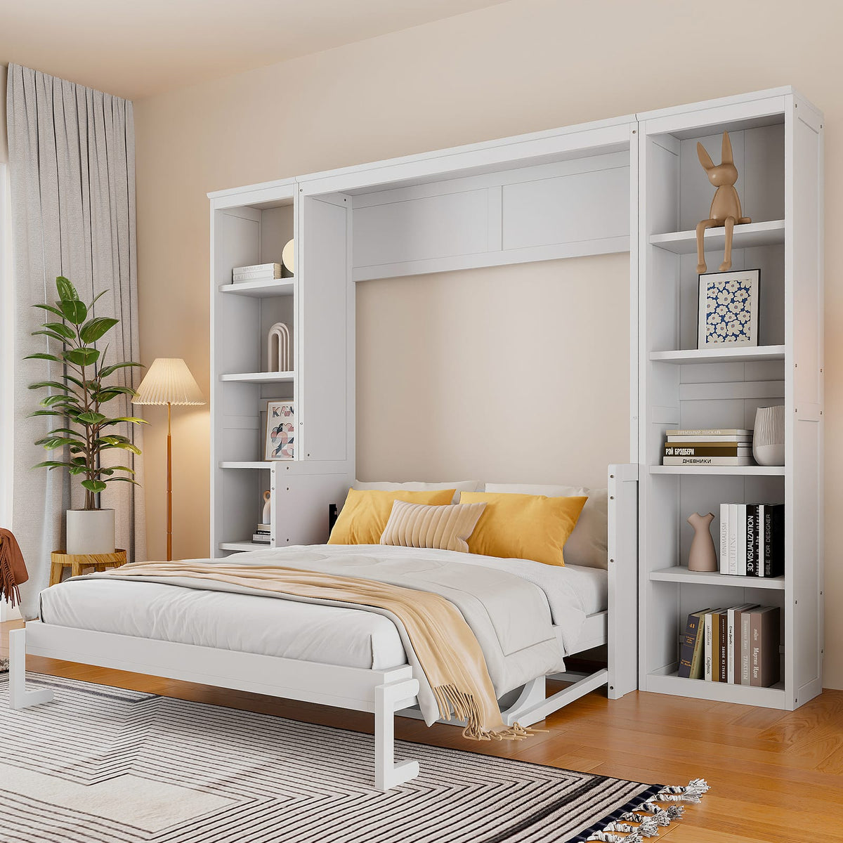 Queen Size Murphy Bed with Desk & Bookshelf - White for Bedroom