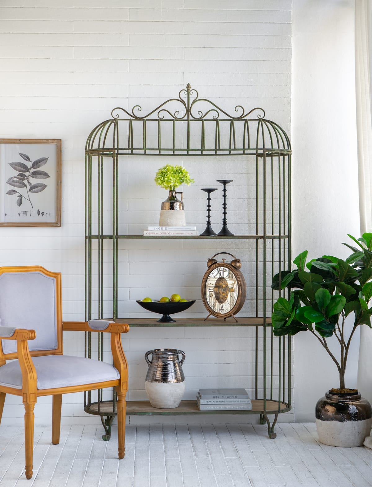 Antique Green Iron Shelving Unit - 47" Three Tier Display Shelf for Living Room