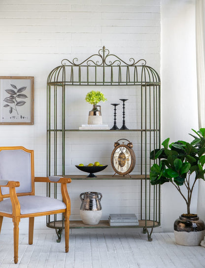 Antique Green Iron Shelving Unit - 47" Three Tier Display Shelf for Living Room