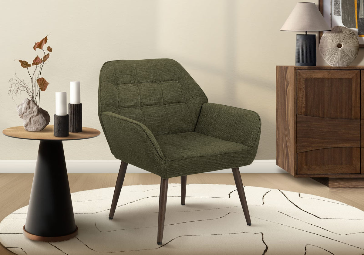 Green Polyester Accent Chair with Walnut Metal Legs for Living Rooms