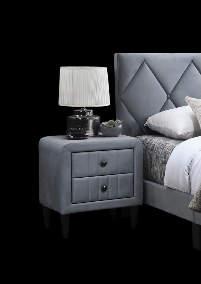 Grey Velvet 2 Drawer Bedside Cabinet Nightstand
