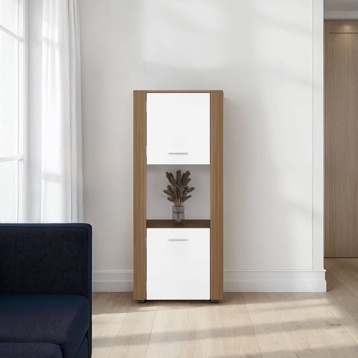 53" Natural White Engineered Wood Bookcase with Doors & Shelves for Living Room