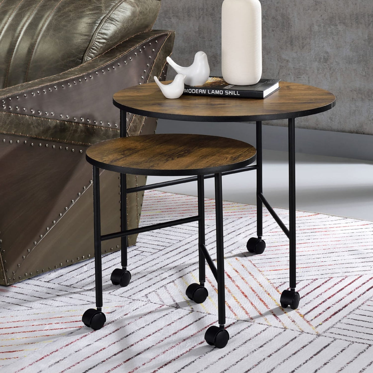 Vintage Oak Nesting Table Set - 2 Piece Set with Wheels
