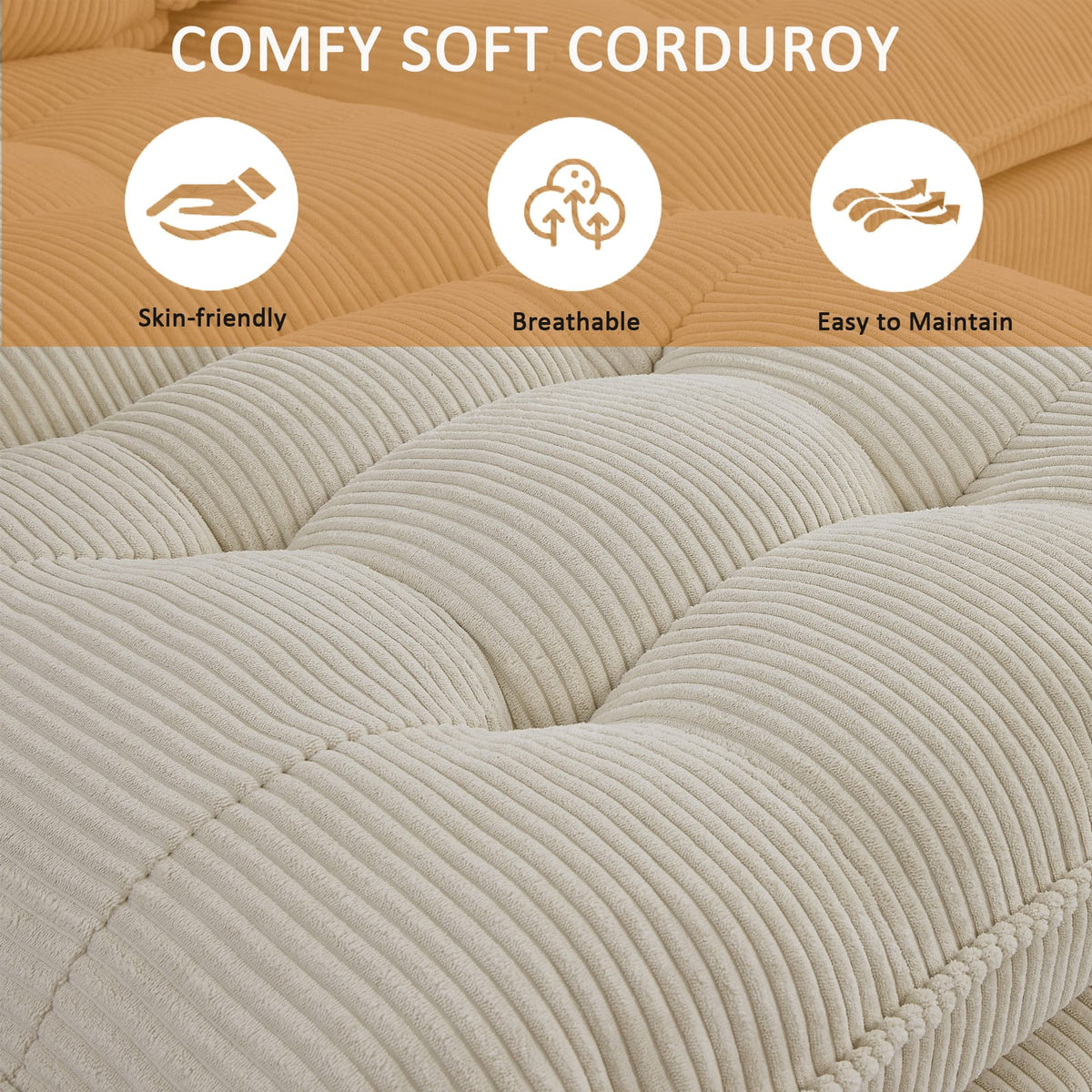 119" L-Shaped Corduroy Sectional Sofa with Ottoman & Console, Beige