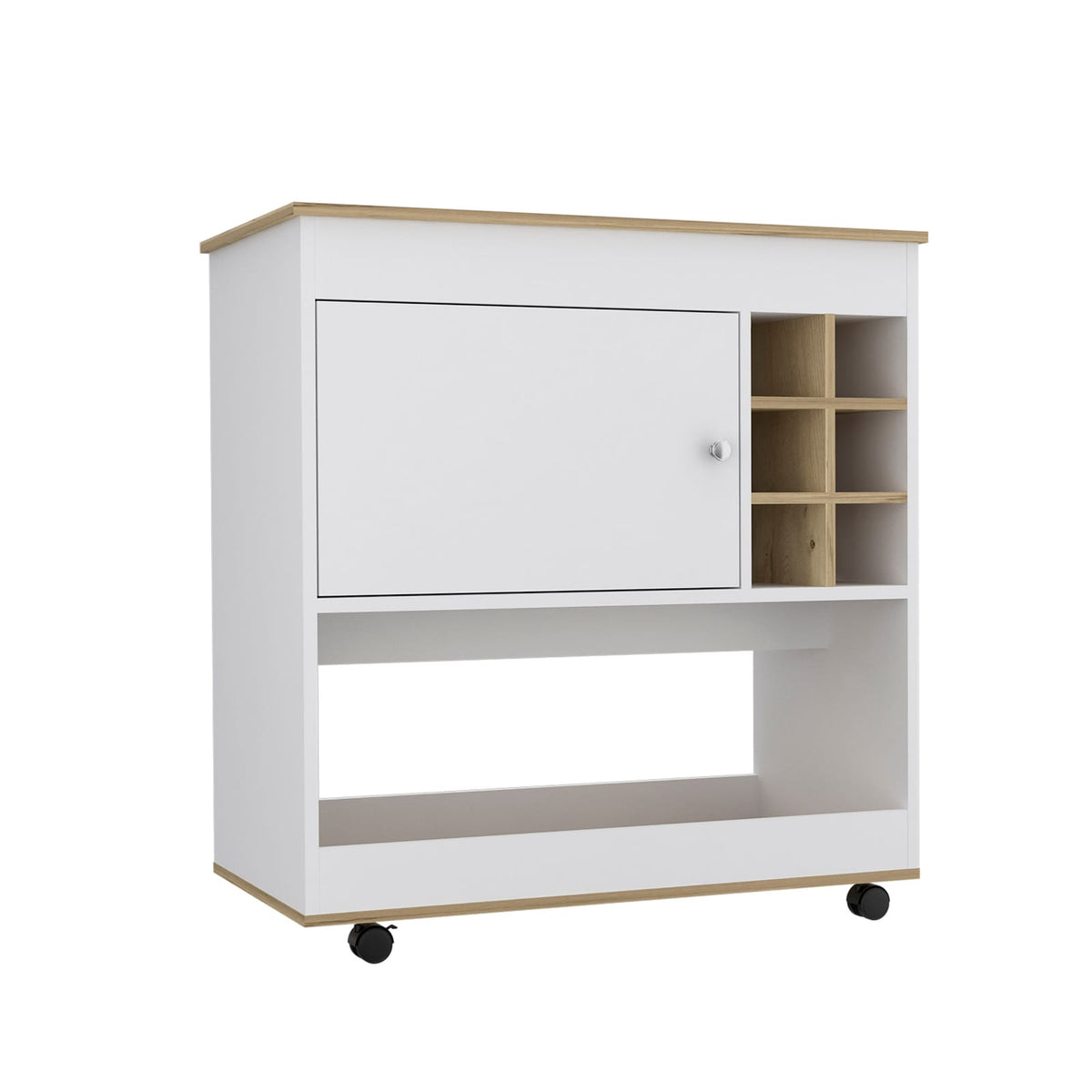 Light Oak Bar Cart - 6 Bottle Storage, Lower Panel Design