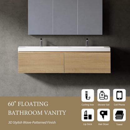 60" Floating Bathroom Vanity with Sink - Oak & White