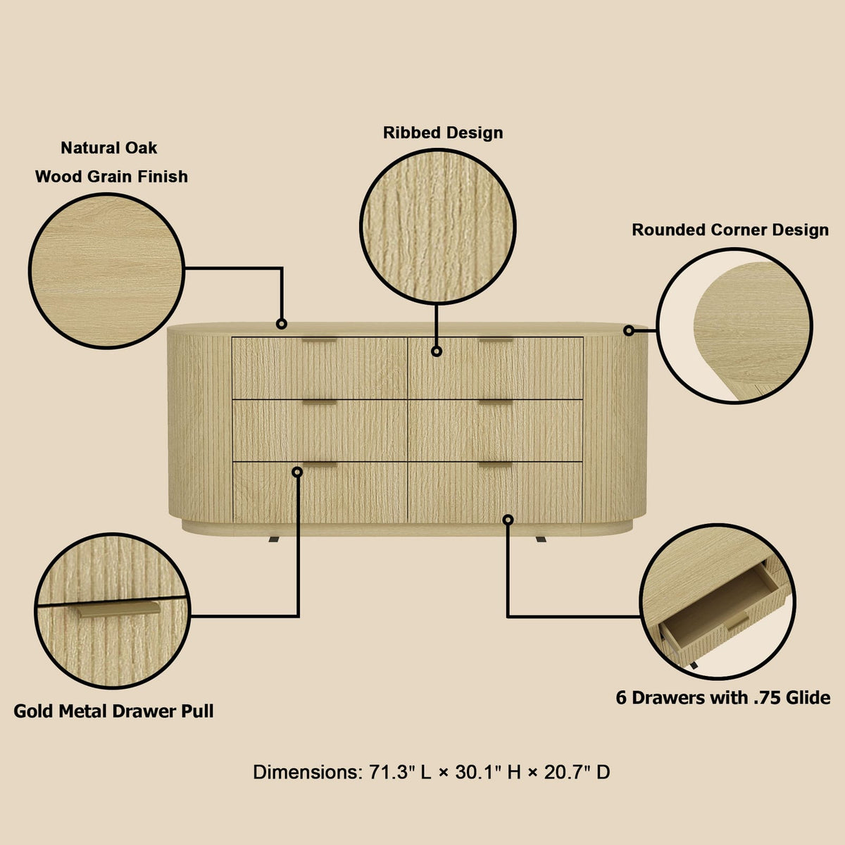 71" Oak Double Dresser - Modern Bedroom Storage