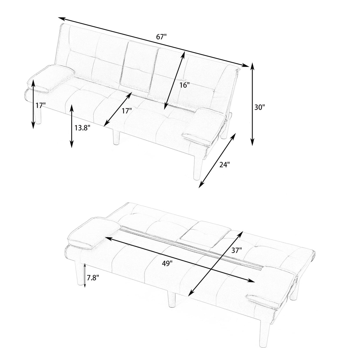 67 Inch Black Sofa Bed - Foldable Guest Room Furniture for Living Room