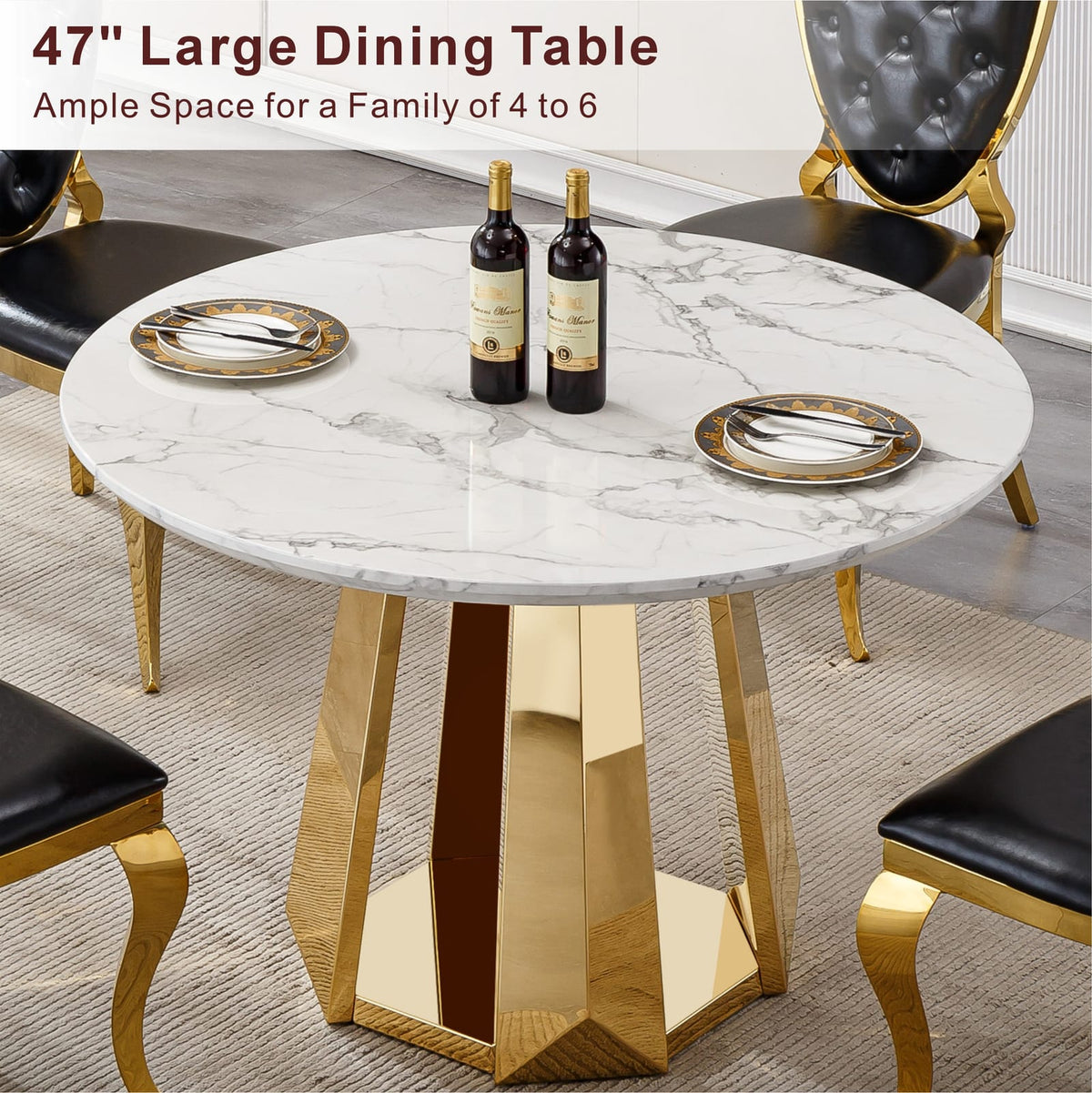 47 Inch Round Marble Dining Table - Gold White