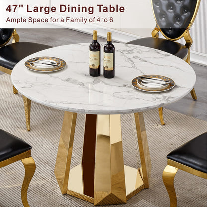 47 Inch Round Marble Dining Table - Gold White