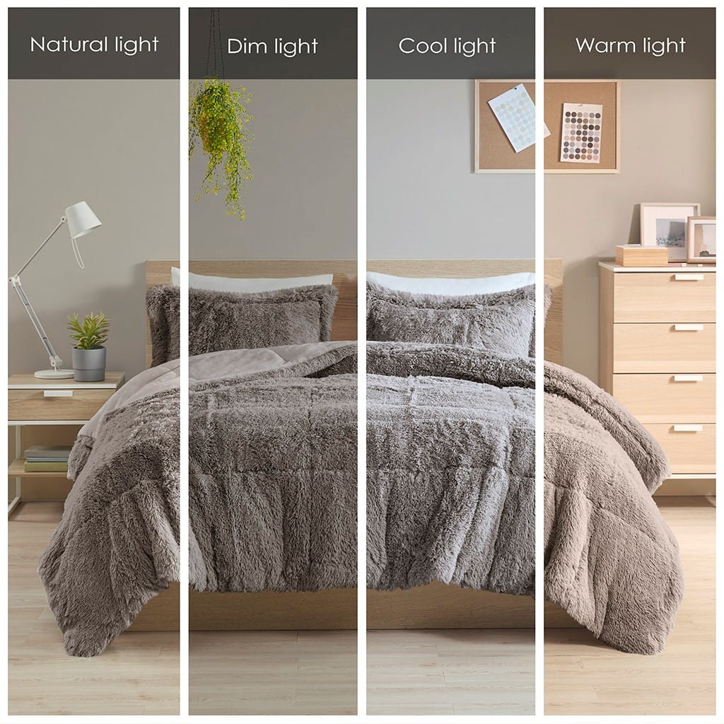 Queen Grey Shaggy Polyester Bedding Set
