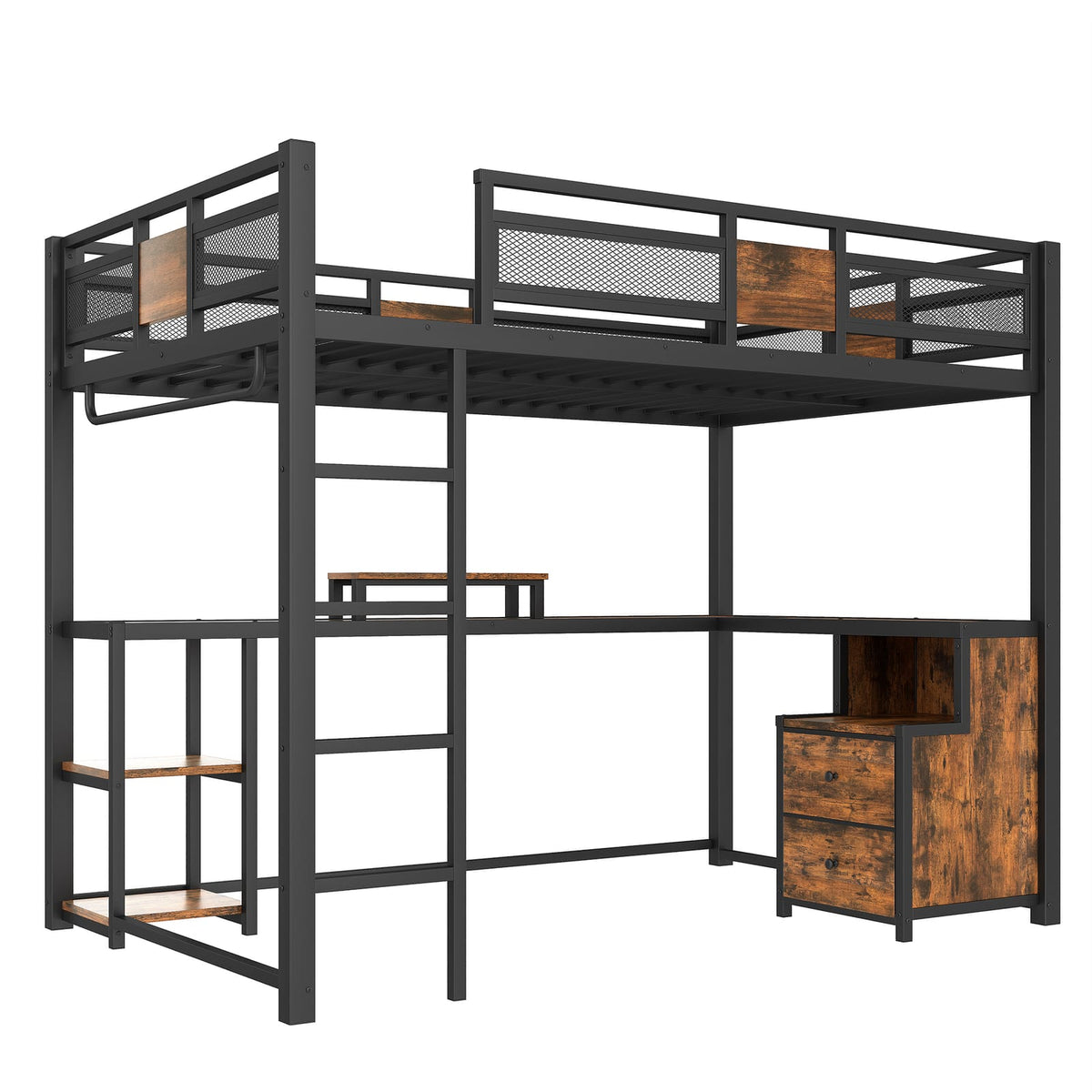 Black Full Loft Bed with Storage and Desk, Metal Frame for Bedroom