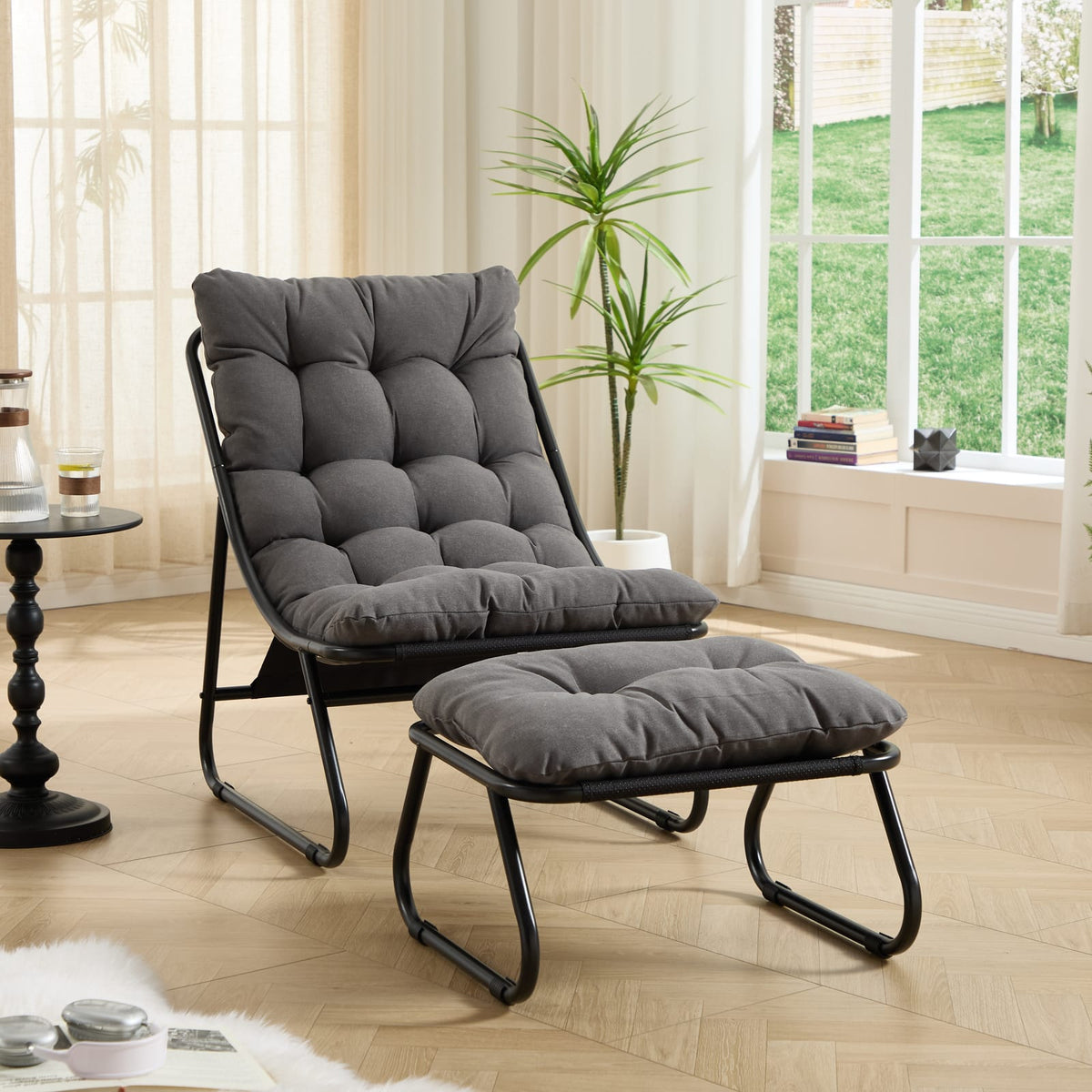 Grey Steel Patio Lounge Chair with Ottoman for Garden or Poolside
