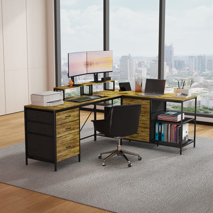 L-Shaped Gaming Desk with Power Hub - 6 Drawers, 114 Inch Brown