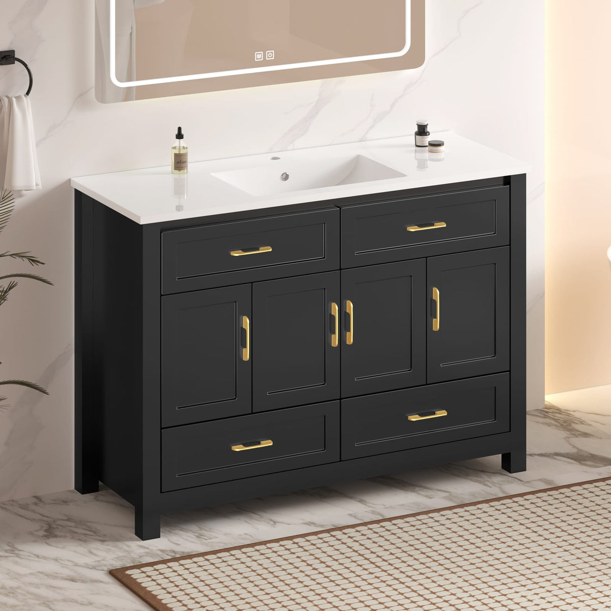48" Black Bathroom Vanity with Resin Sink - Storage Cabinet, Soft-Close Doors