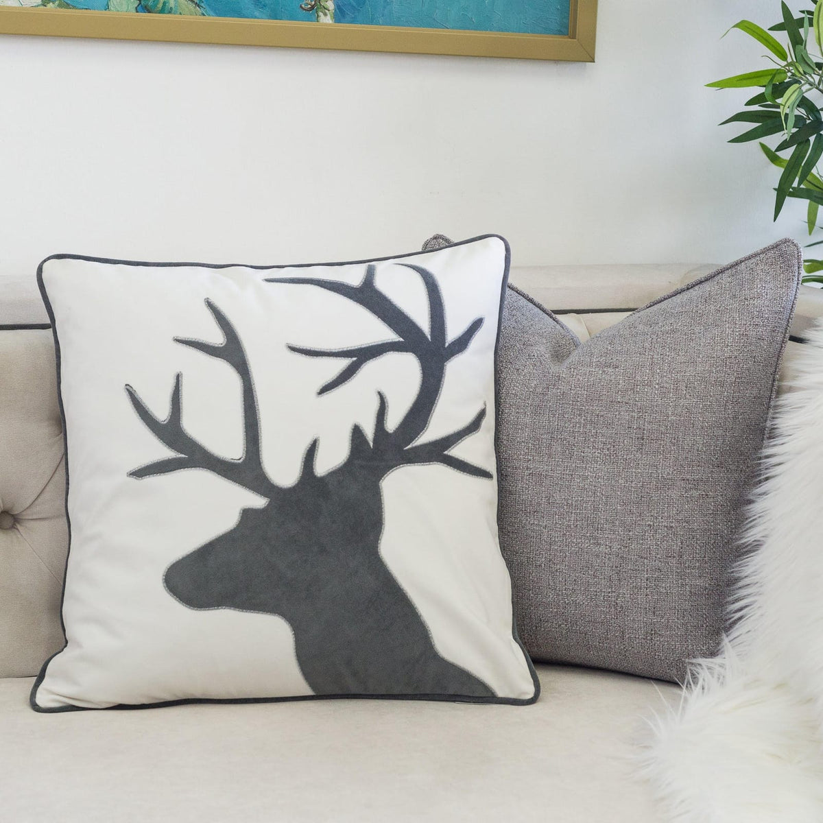 Holiday Reindeer Velvet Accent Pillow - White & Gray with Insert