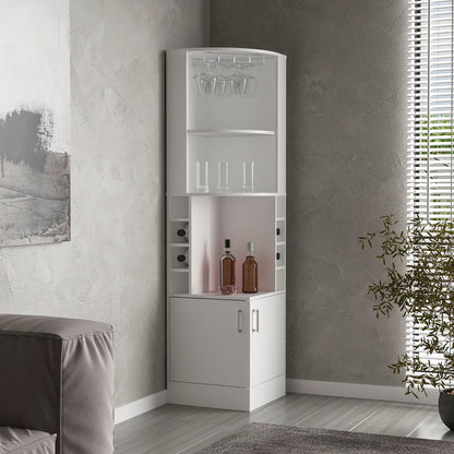White Engineered Wood Corner Bar Cabinet - 8 Wine Racks