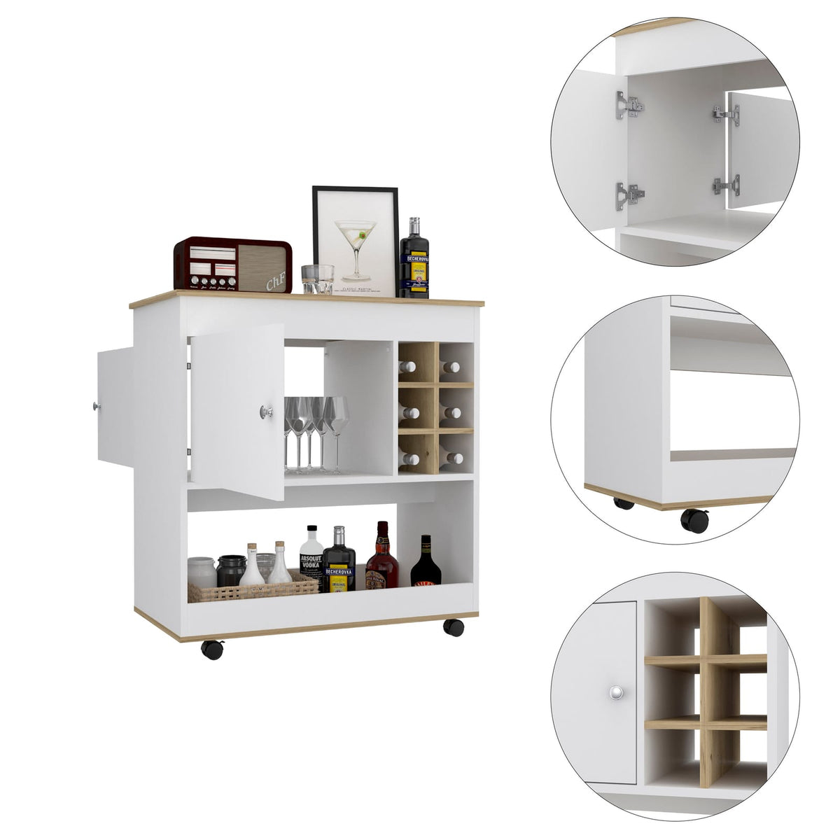 Light Oak Bar Cart - 6 Bottle Storage, Lower Panel Design